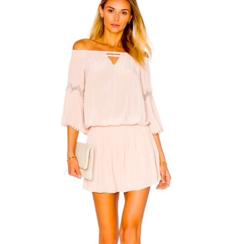 Ramy Brook dress in soft beige. Can be worn off the shoulder, crochet detail